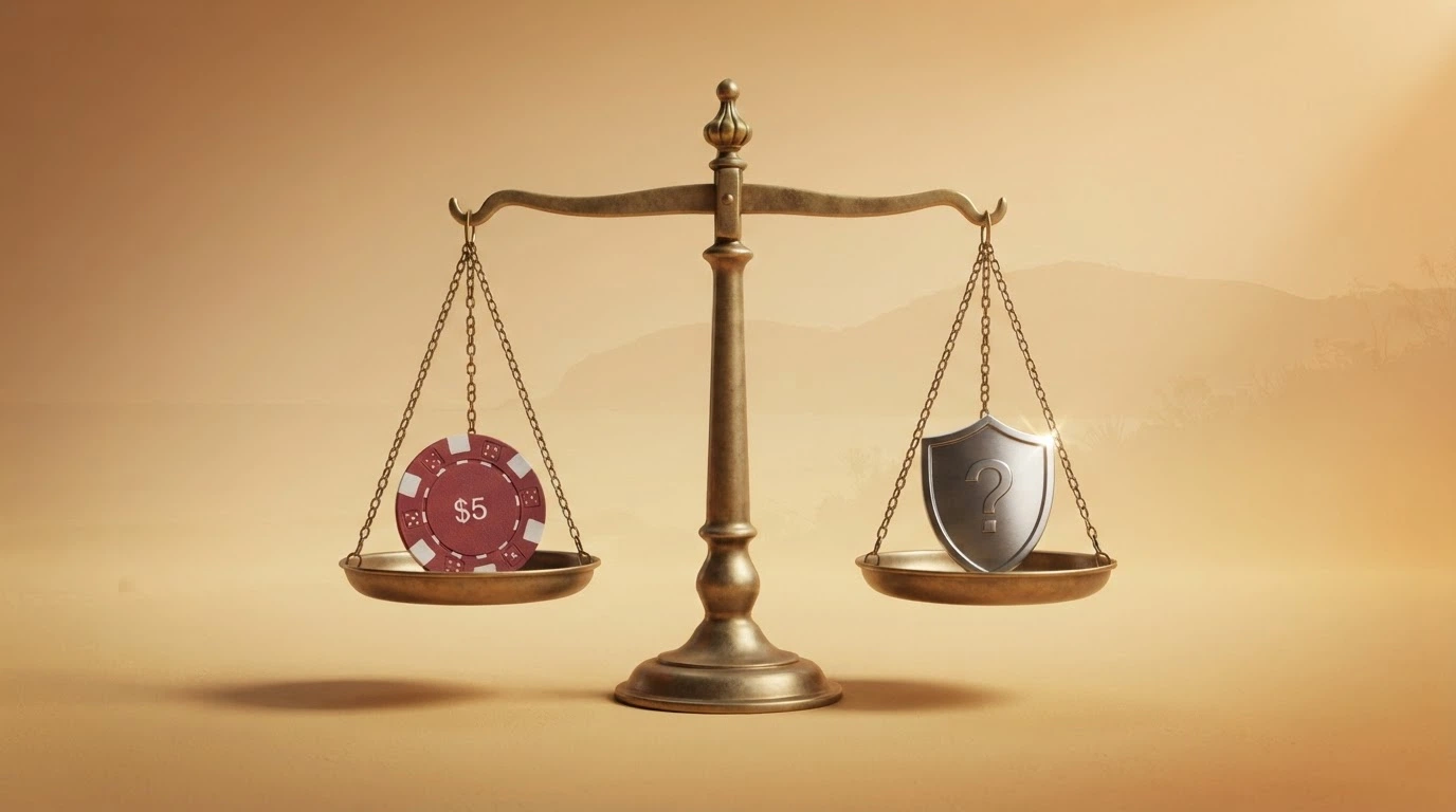 A pair of contrasting icons on a balanced scale: a bonus chip on one side, a shield with a question mark on the other, with the Australian landscape in the background