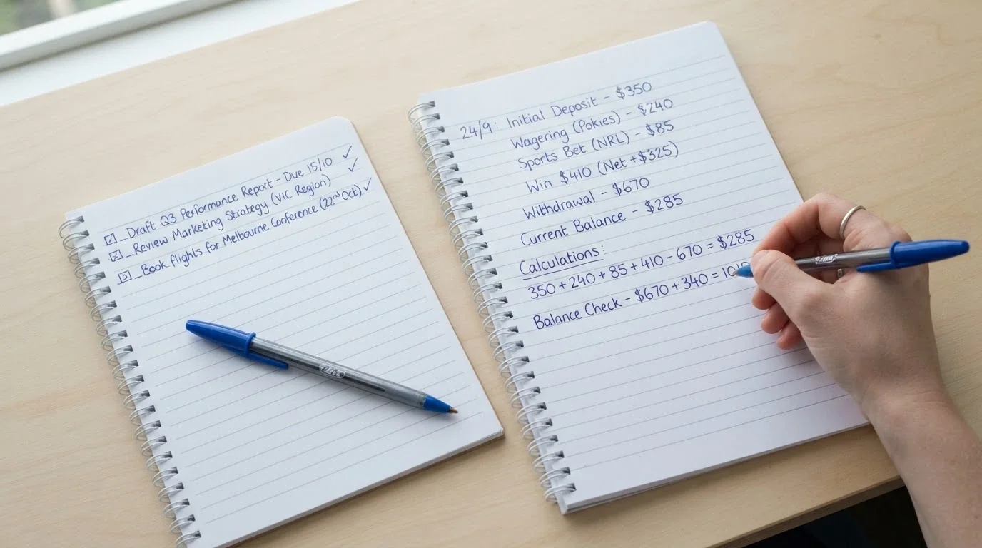 A notepad with three handwritten checklist items — wagering type, validity window, deposit size — next to a calculator showing a worked playthrough figure