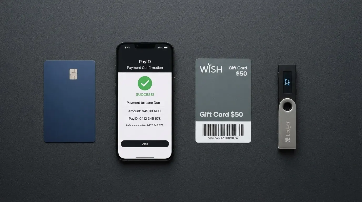 A flat lay of Australian payment tools — a debit card, a smartphone showing a PayID confirmation screen, a Neosurf voucher and a hardware wallet — arranged on a dark surface