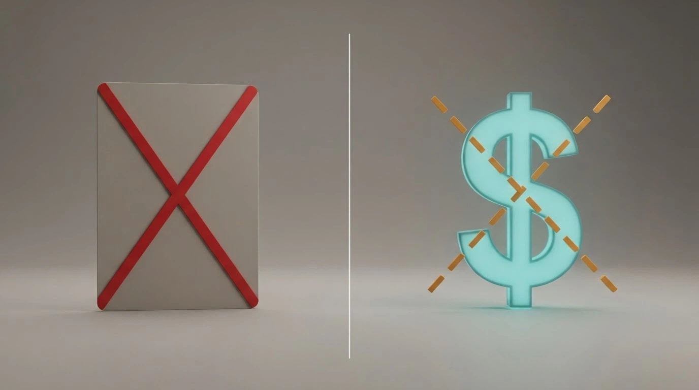 A visual split — a credit card and a Solana logo on opposite sides, with a red prohibition line across the card side and a dashed warning line across the crypto side