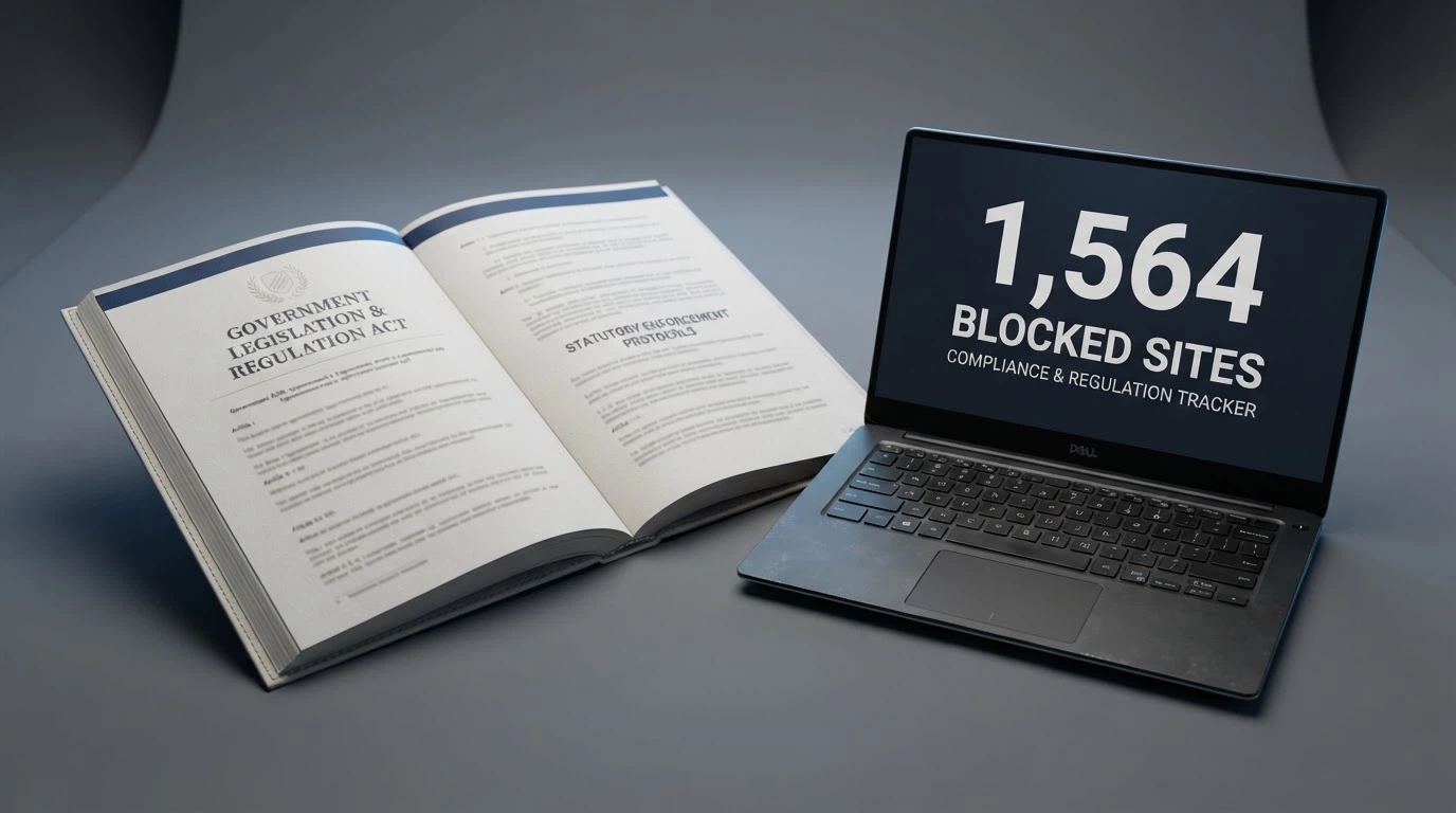 A cropped frame of the Interactive Gambling Act 2001 title page beside an ACMA website screenshot showing the blocked-sites counter at 1,564, both partially blurred to suggest document authenticity without reproducing full text