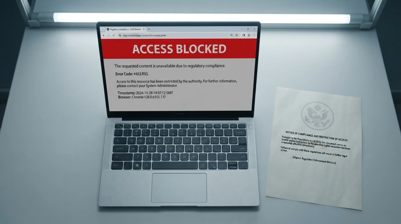 The ACMA logo on a government webpage beside an “Access to this site has been blocked” browser message