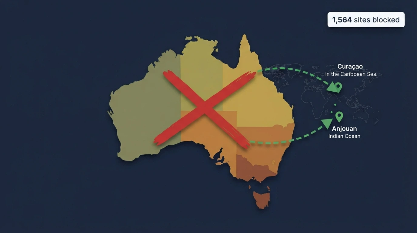 A map of Australia with a red X over the mainland and green arrows pointing outward to Curaçao and Anjouan markers, an ACMA logo in the corner with “1,564 sites blocked” beneath it