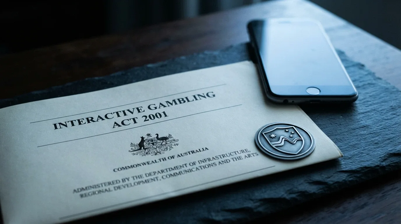 A government document header reading “Interactive Gambling Act 2001” beside an ACMA logo on a dark background with a smartphone silhouette