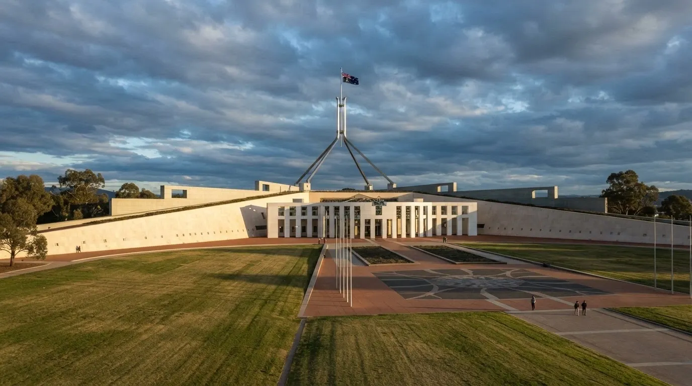 The Australian Parliament House in Canberra with an overlaid ACMA logo and the text Interactive Gambling Act 2001