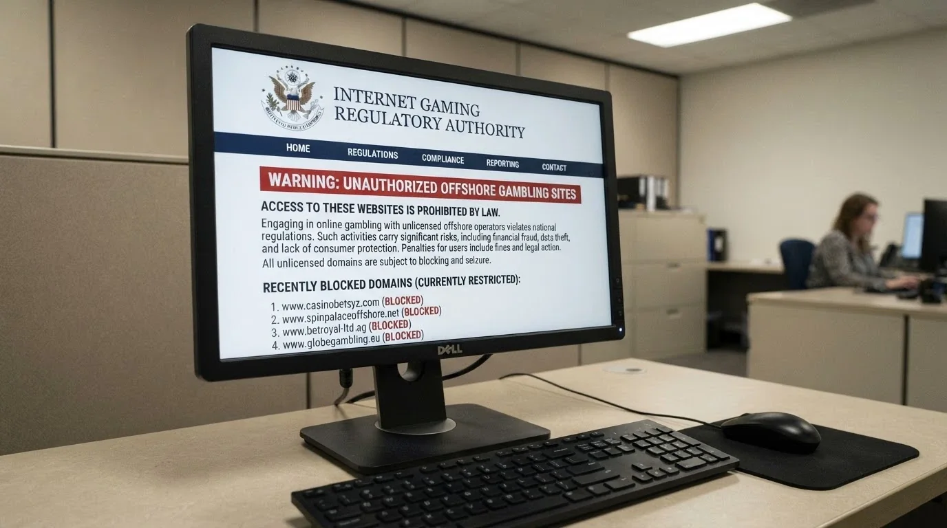 The ACMA logo on a government-style webpage beside a warning notice about illegal offshore gambling sites