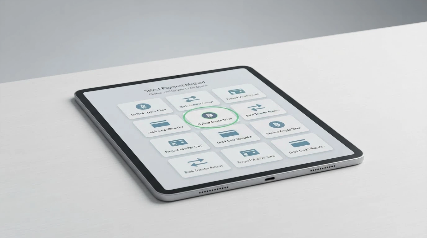 A selection of payment method icons including cryptocurrency, bank transfer, and voucher options arranged on a screen