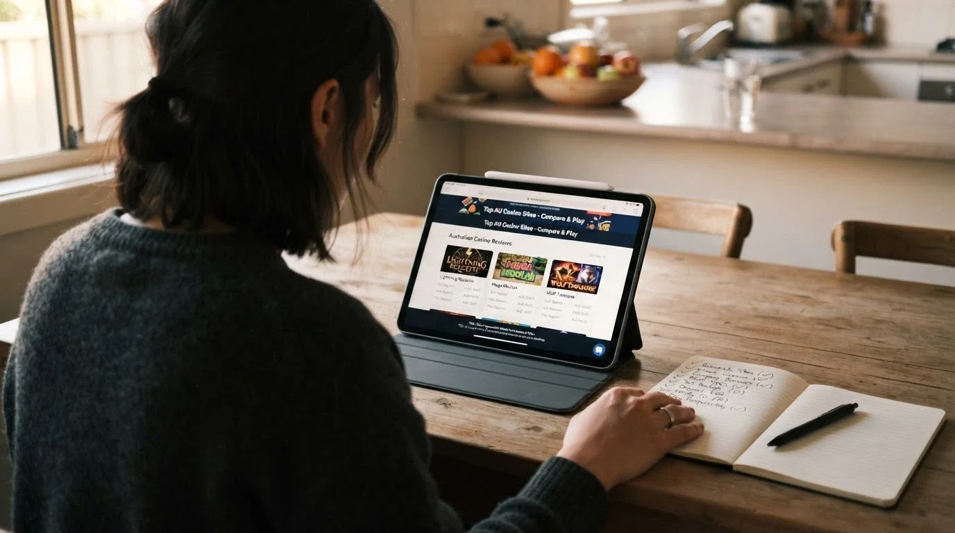 An Australian consumer reviewing online casino information on a tablet, with a notepad and a checklist of considerations beside them