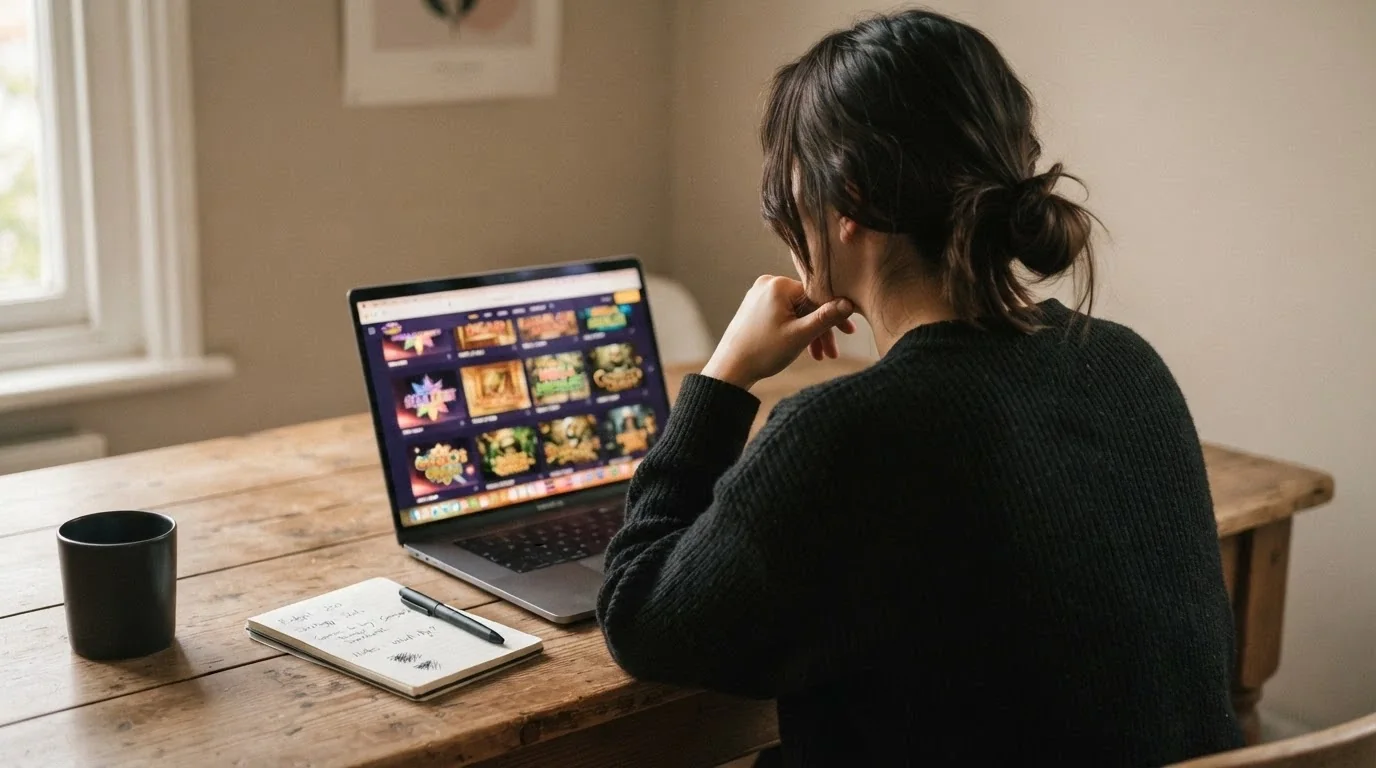 A person at a desk reviewing casino listings on a laptop, hand on chin in consideration