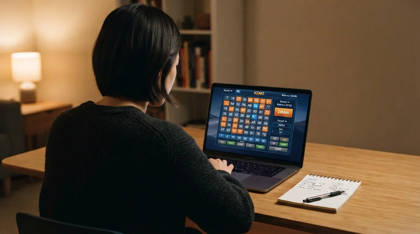 A person at a desk with a laptop open to a keno casino page, a notepad with handwritten pros-and-cons list visible beside the keyboard