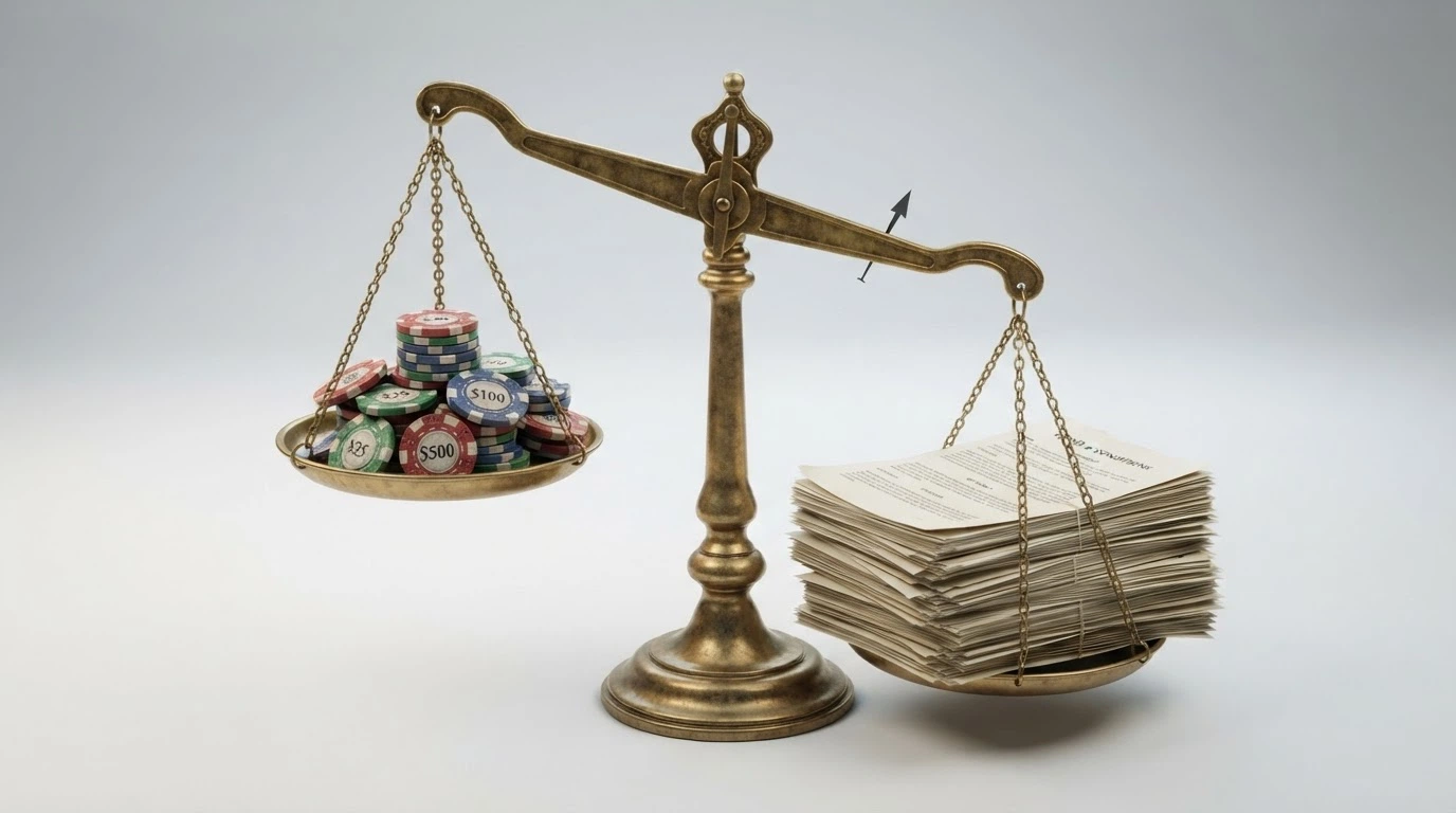 A balanced set of scales with bonus-code tokens on one side and a stack of terms-and-conditions documents on the other, the documents side visibly heavier