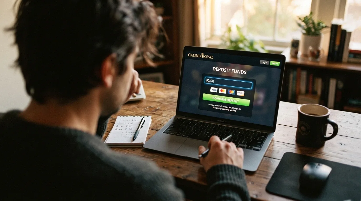 A person sitting at a desk looking at a laptop screen showing a casino deposit page, with a thoughtful expression