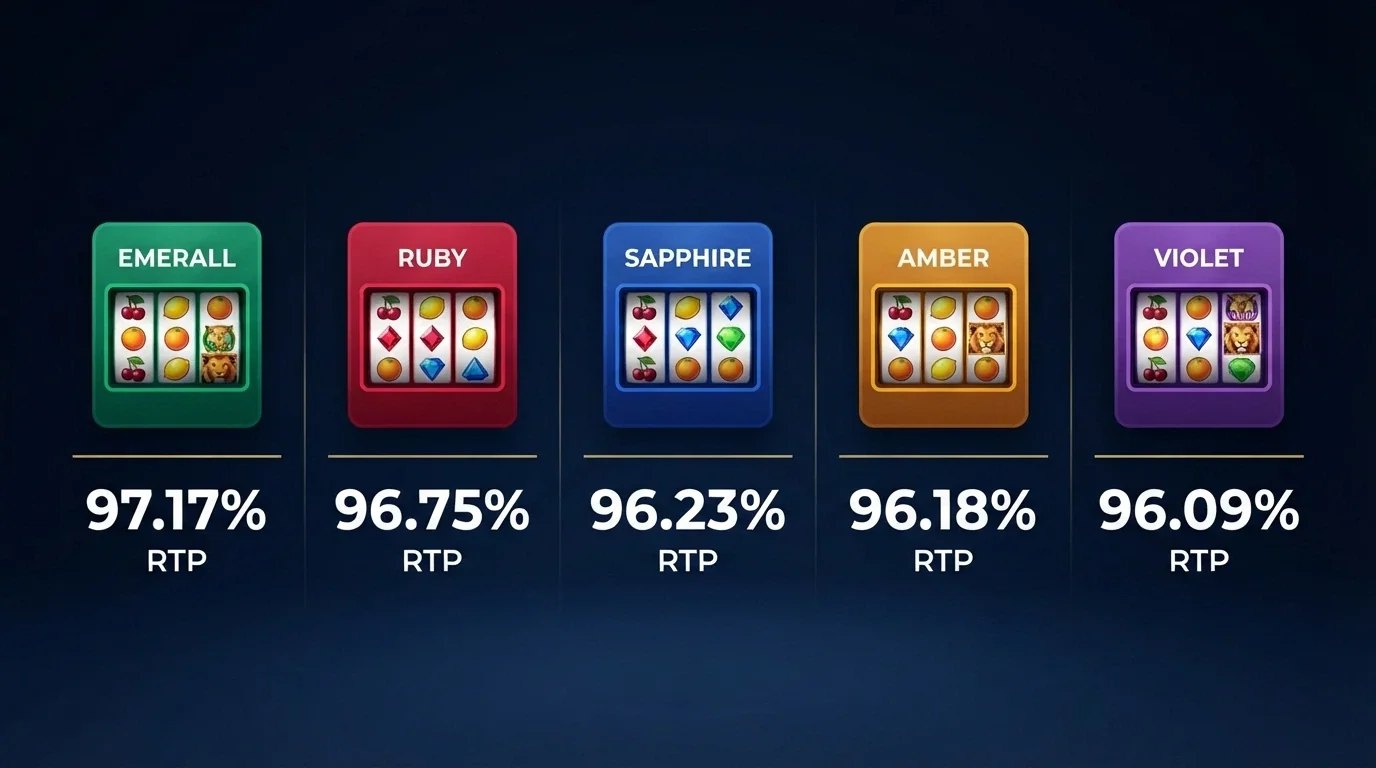 A grid of five colourful online pokies title cards — Starburst, Bonanza Trillion, Lady Wolf Moon, Wild Cash and Coins of Ra — with RTP percentages displayed beneath each title
