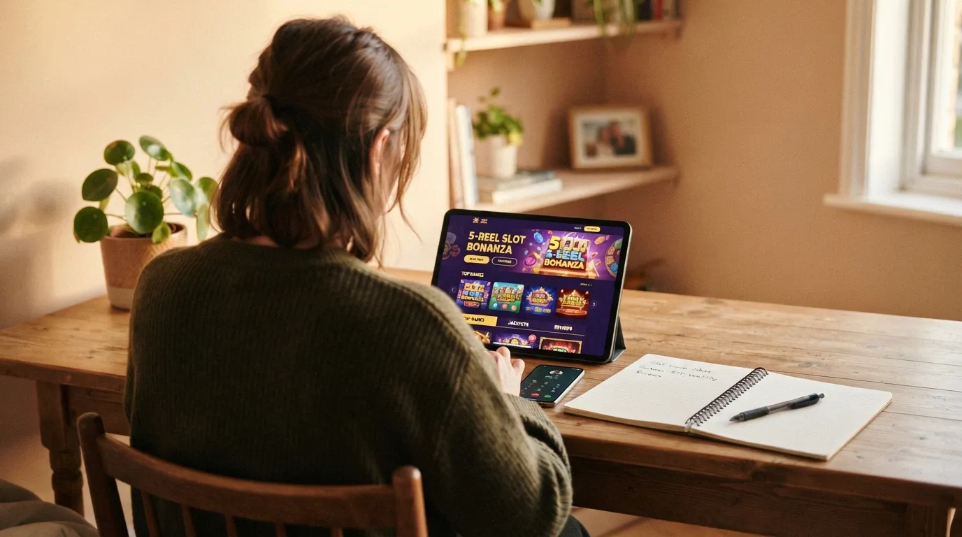 An Australian player at a desk researching five-reel slot information on a tablet with a notebook open and a phone nearby showing a helpline contact