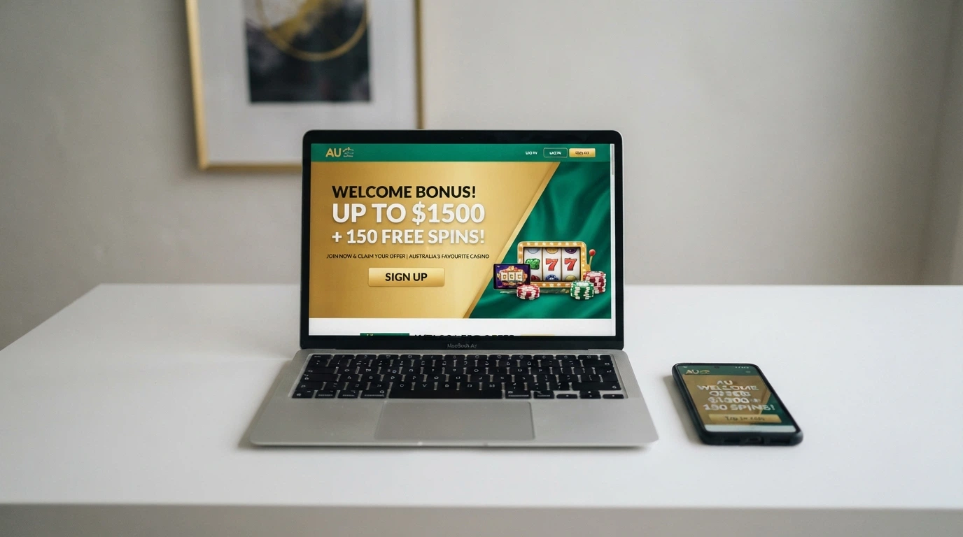 An online casino welcome-bonus landing page on a laptop screen with AUD amounts and an Australian-themed promotion banner