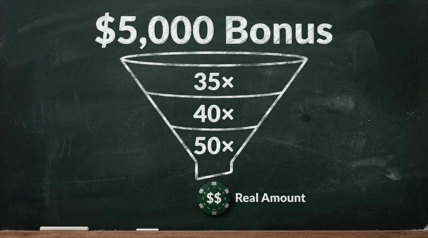 A chalkboard-style graphic showing a “$5,000 bonus” shrinking through a wagering-requirement funnel (35×, 40×, 50×) into a much smaller realisable figure, a BCH coin sitting at the bottom