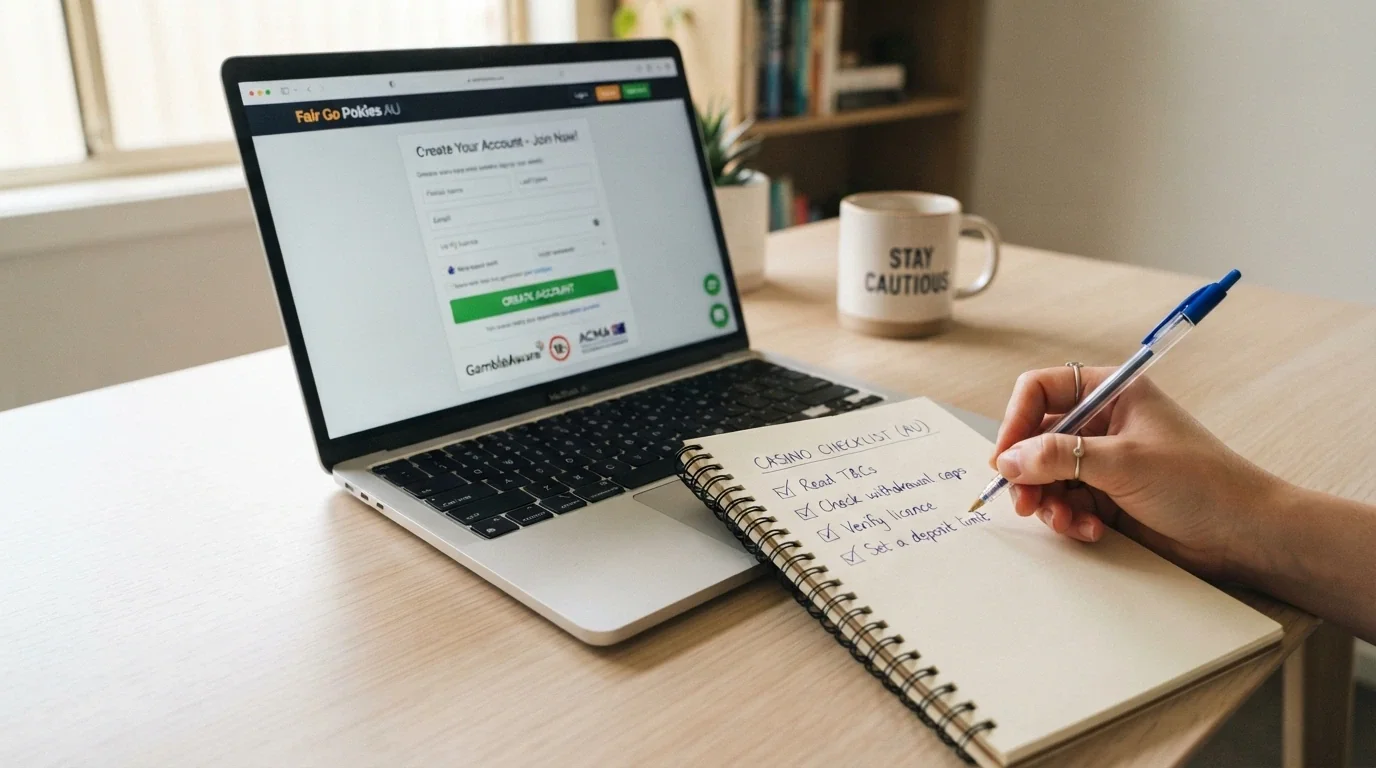 A notepad and pen on a desk beside a laptop open to a casino sign-up page; the notepad shows a handwritten checklist with items like “Read T&Cs,” “Check withdrawal caps,” “Verify licence” and “Set a deposit limit.”