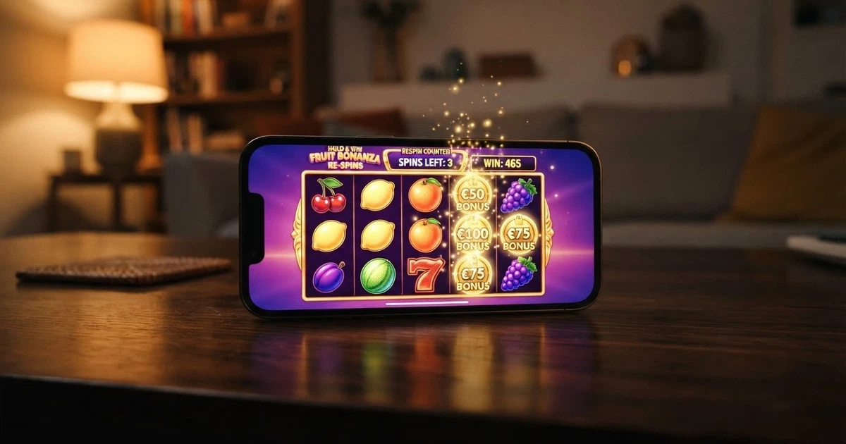 A smartphone screen displaying a colourful 1spin4win Hold & Win slot grid with fruit symbols and a bonus-trigger animation mid-play