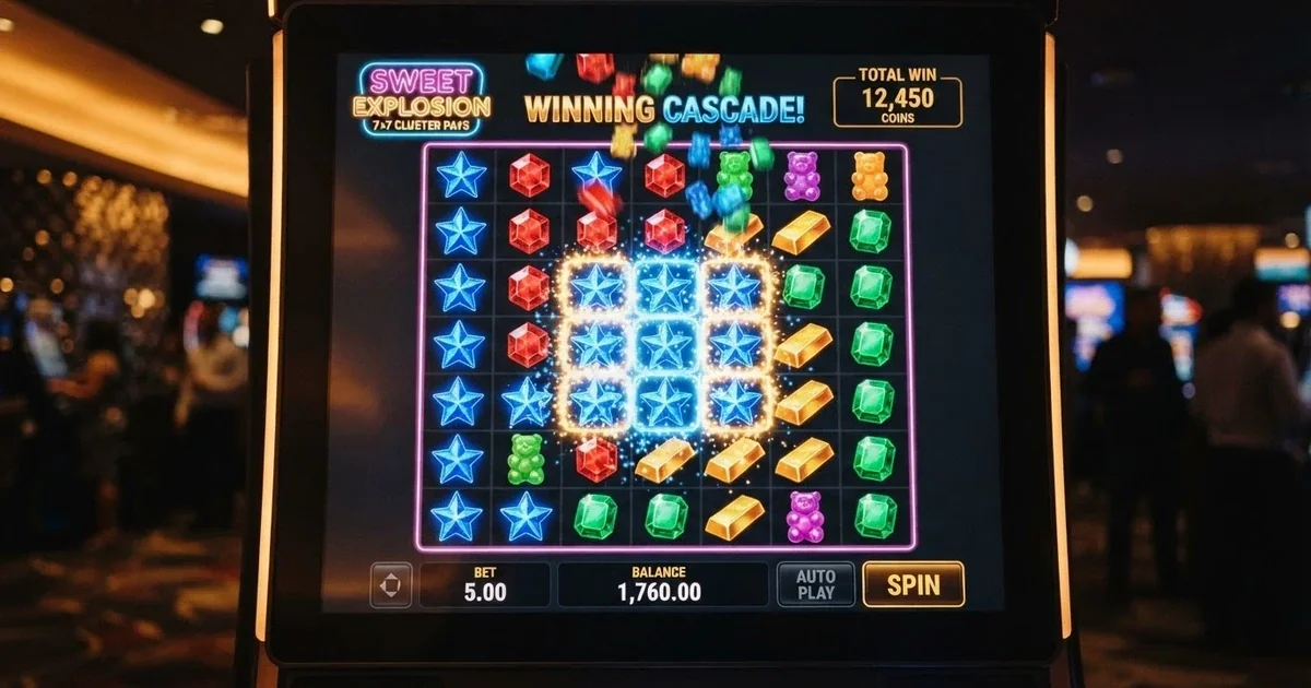 A colourful 7×7 cluster-pays pokie grid with cascading symbols lit up mid-win, set against a dark game-lobby background