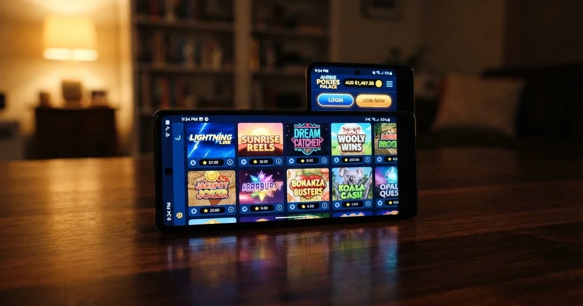 A smartphone screen displaying a mobile casino lobby with pokies thumbnails, a login button and an AUD balance