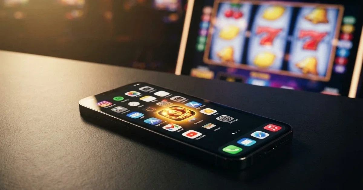 A smartphone screen showing a row of casino app icons on an Android home screen, one highlighted, with a pokie game visible in the background