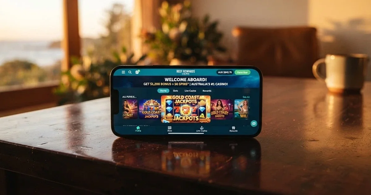 Smartphone displaying a casino app interface with pokies reels and a welcome bonus banner, set against a background that suggests an Australian context