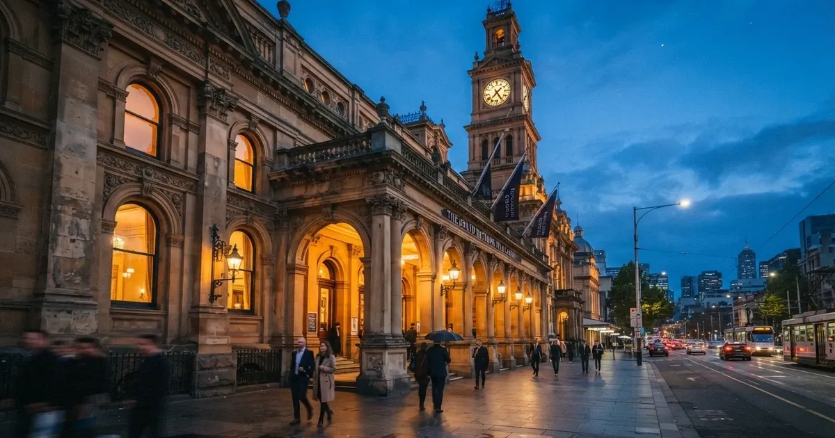 The heritage sandstone façade of SkyCity Adelaide on North Terrace at dusk, the old railway-station clock tower visible above the entrance