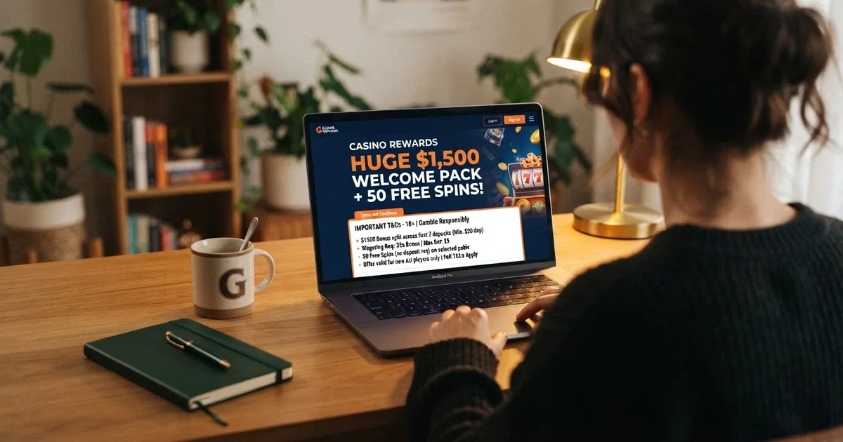 A laptop screen displaying a casino sign-up bonus offer with terms and conditions highlighted
