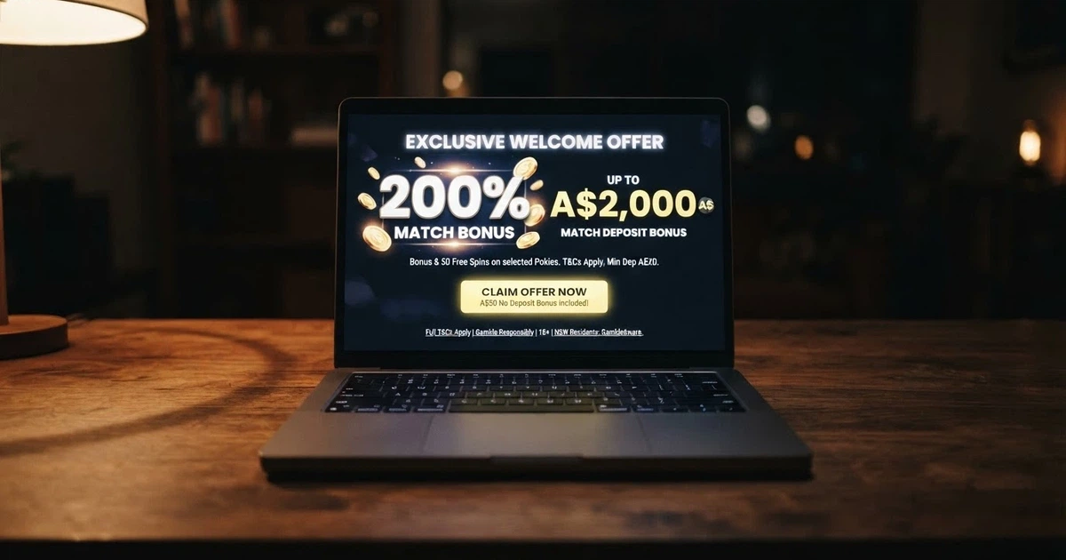 A laptop screen showing an online casino first-deposit bonus offer with a match percentage, a dollar cap in Australian dollars, and a terms-and-conditions link highlighted