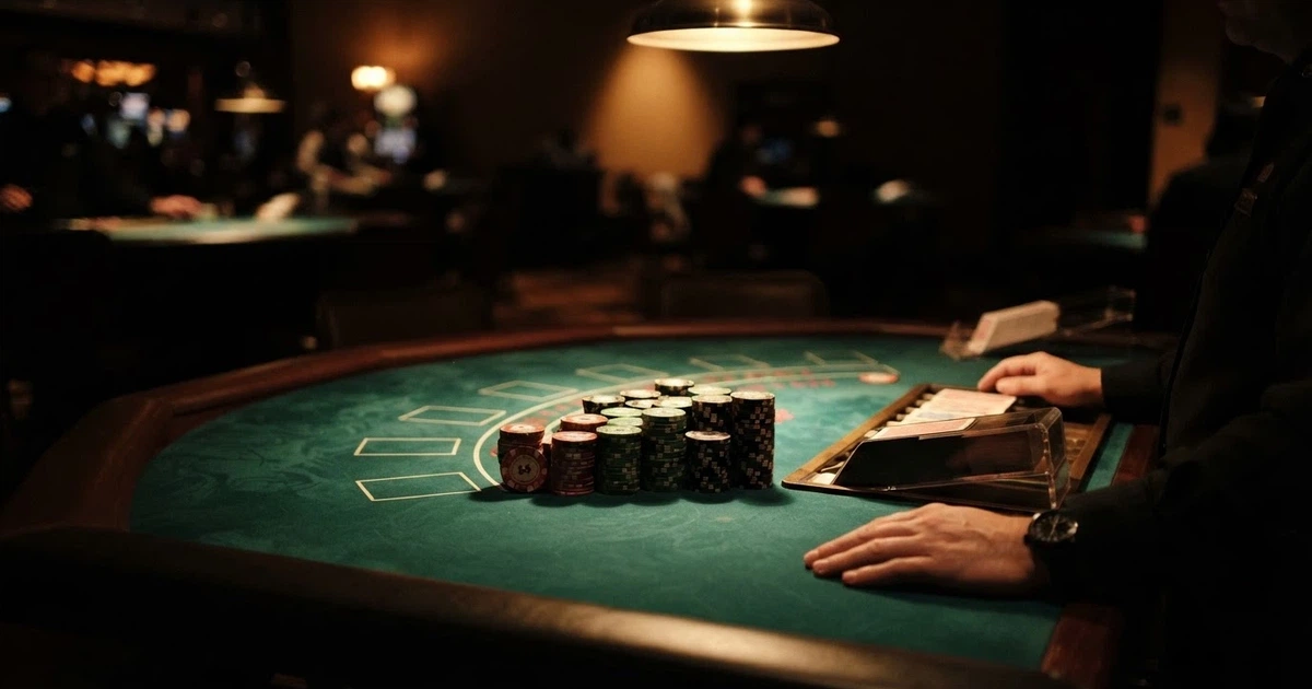 A darkened casino floor with a single spotlighted high-limit table, chips stacked high and a dealer's hand resting beside the shoe