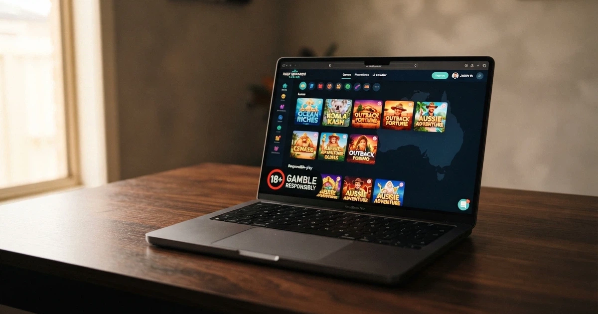 A laptop screen showing an offshore casino lobby with a prominent “18+ Play Responsibly” badge and the Australian continent faintly visible in the background, no currency symbols or brand logos