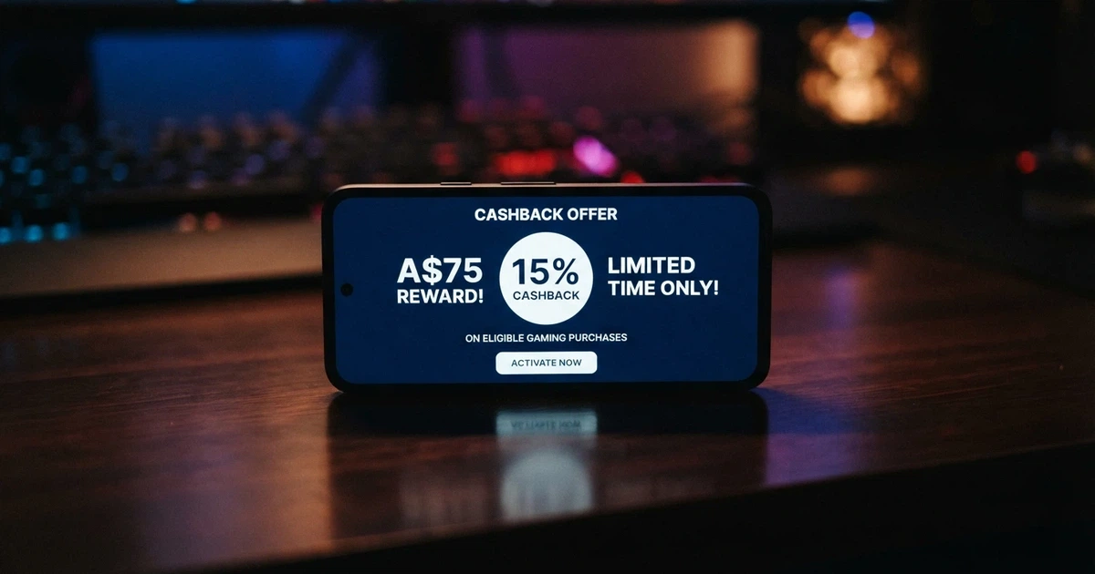 A smartphone displaying a casino cashback offer screen with a percentage badge and Australian dollar symbols, held against a dark gaming-themed background