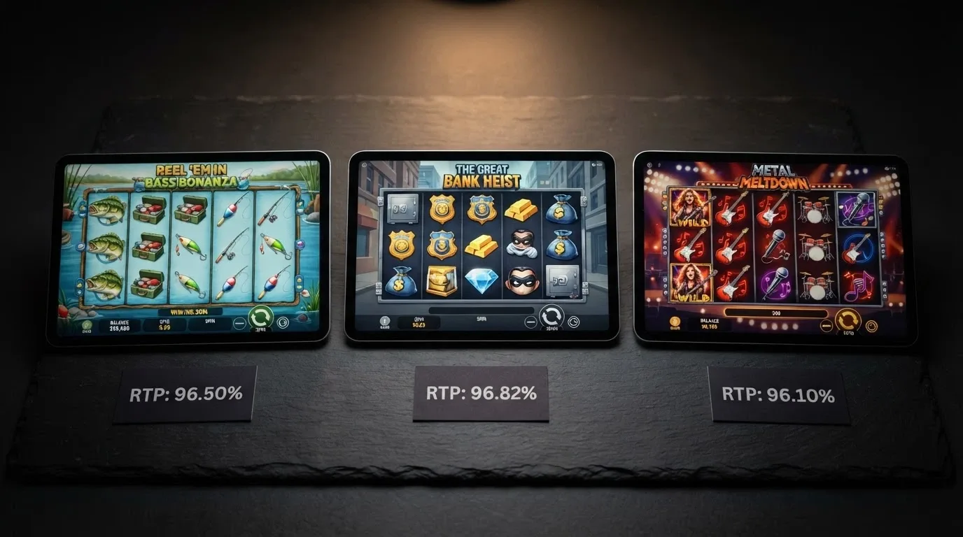 Three colourful online pokie grids side by side — Big Bass Bonanza, Cash Bandits 3 and Elvis Frog in Vegas — with their RTP percentages beneath each title