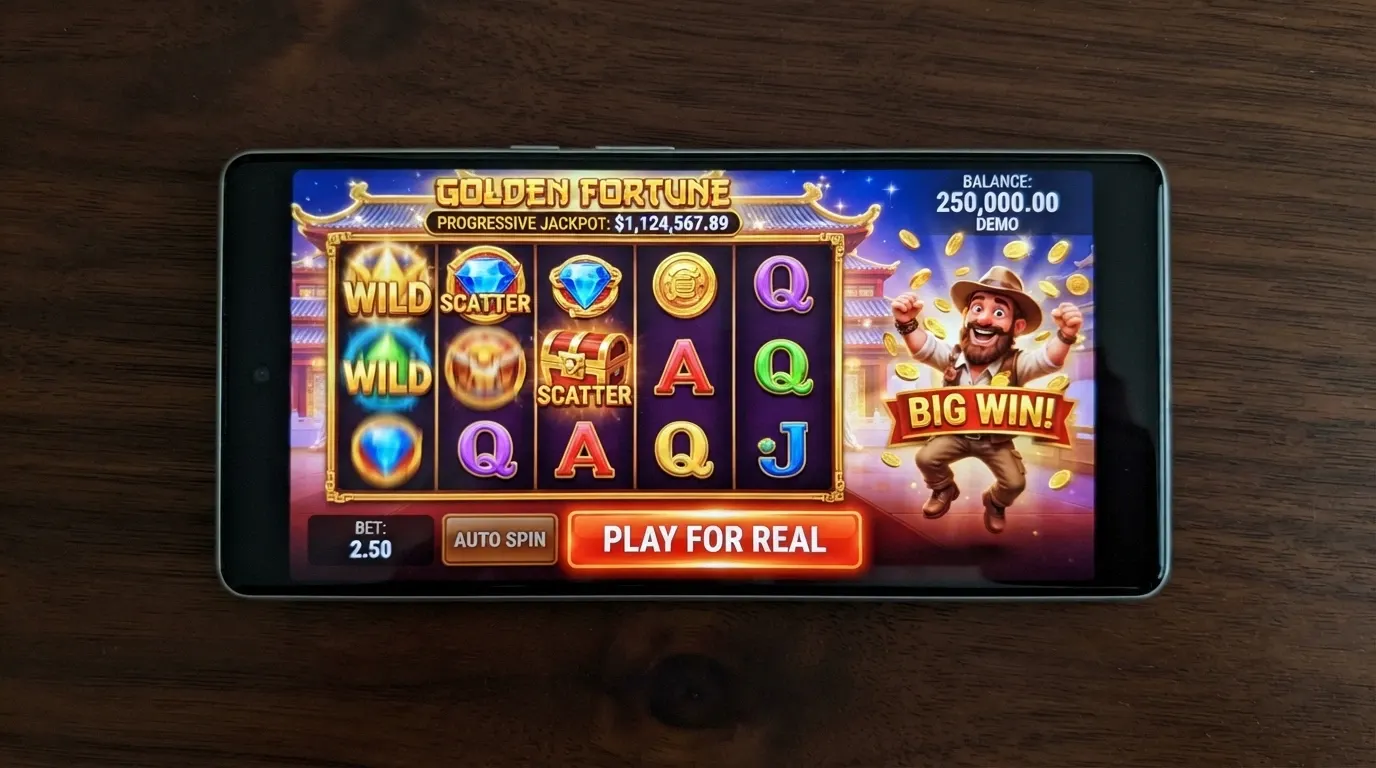 A Betsoft slot running in demo mode with a play-money balance in the thousands and a “Play for Real” button visible beside it