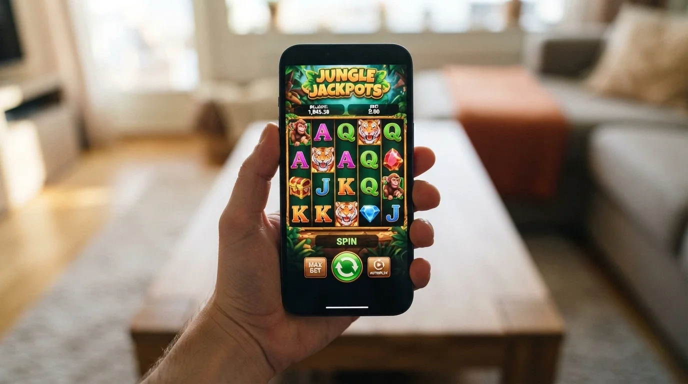 A Betsoft slot running on a smartphone held in one hand, with the game's touch-optimised spin button and portrait-mode layout visible
