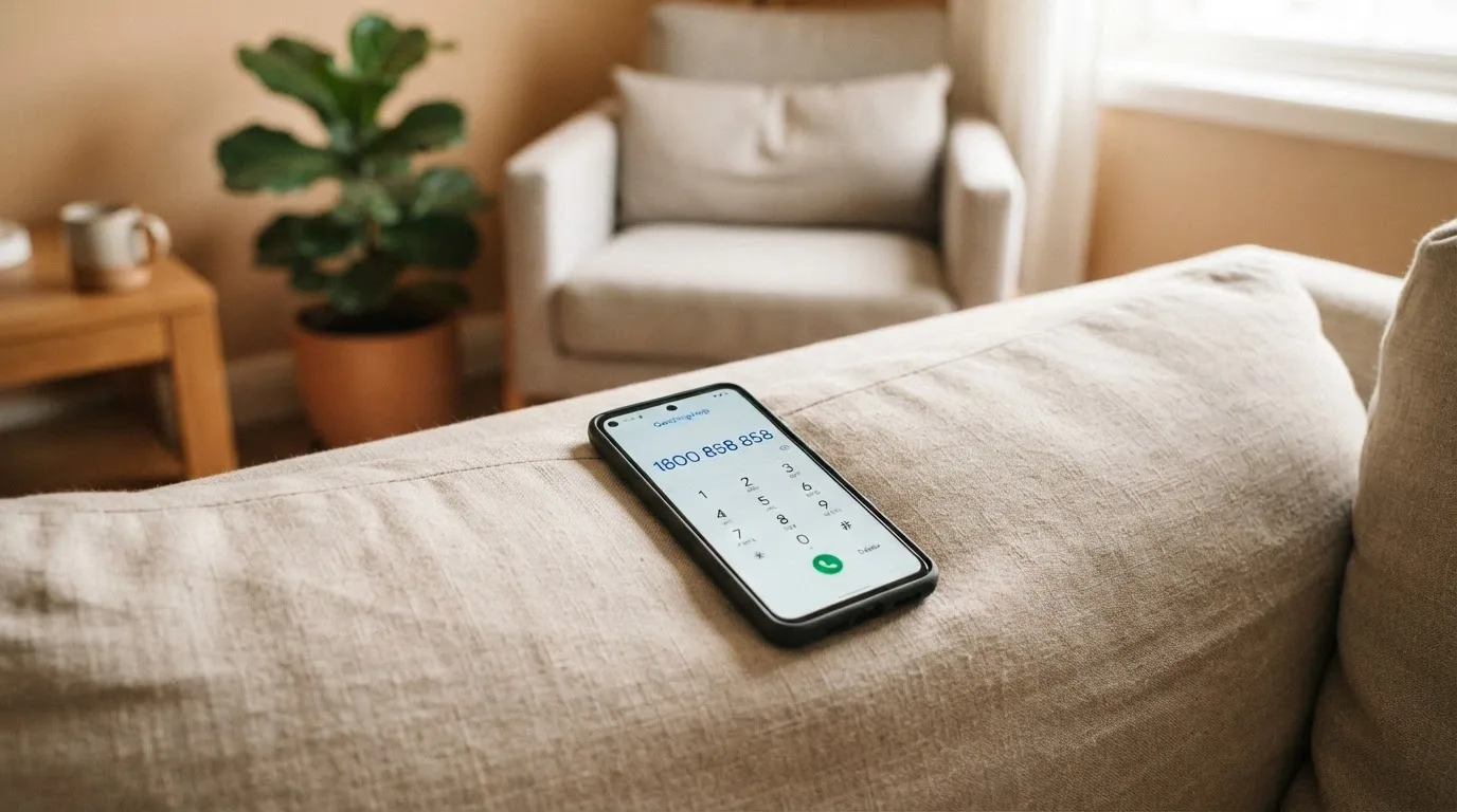 A phone keypad with 1800 858 858 being dialled, the Gambling Help Online and BetStop logos visible on screen, a calm counselling setting in the background