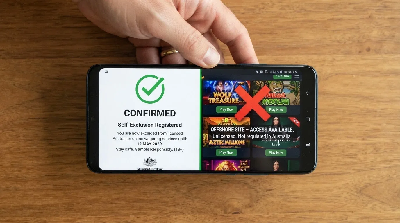 A smartphone screen split in two — one side showing the BetStop registration confirmation (ticked), the other showing an offshore casino still accepting play (crossed out)