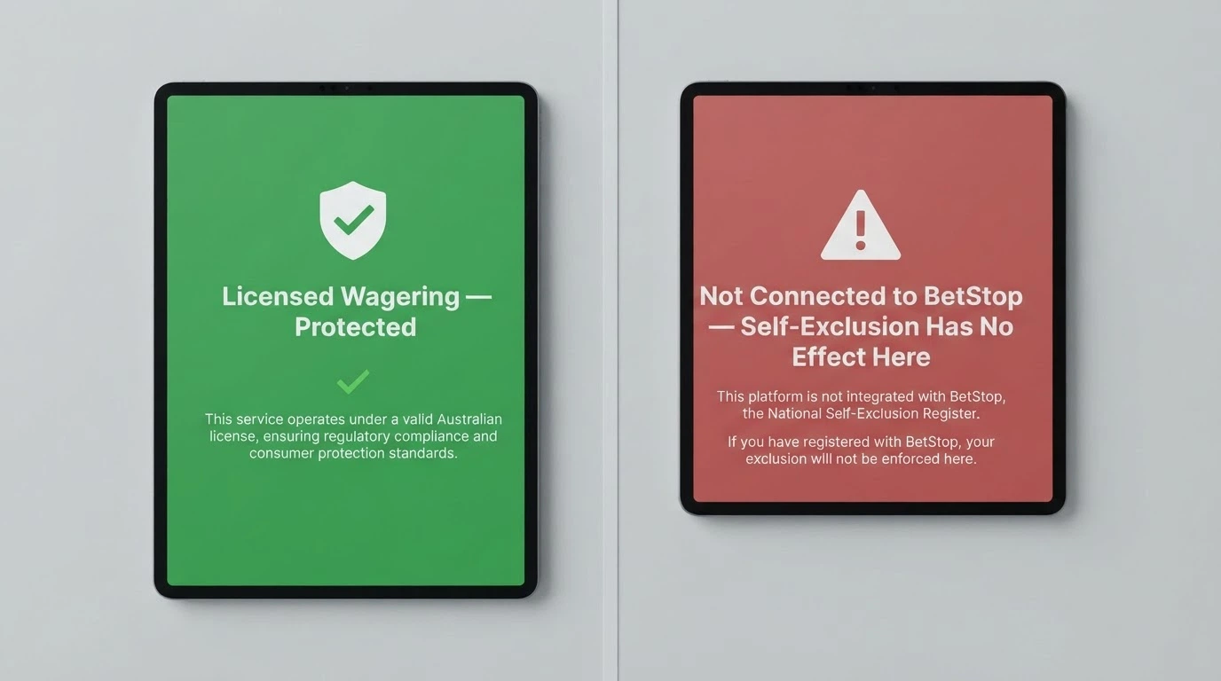 A split illustration: on the left, a BetStop registration confirmation screen marked “Licensed Wagering — Protected”; on the right, an offshore casino login page marked “Not Connected to BetStop — Self-Exclusion Has No Effect Here.”
