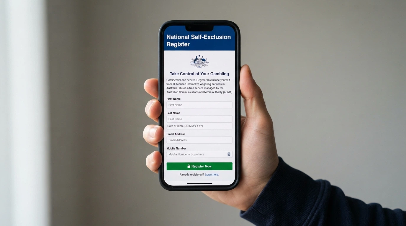 A smartphone screen displaying the BetStop.gov.au registration landing page with the National Self-Exclusion Register branding visible, held in a hand against a neutral background
