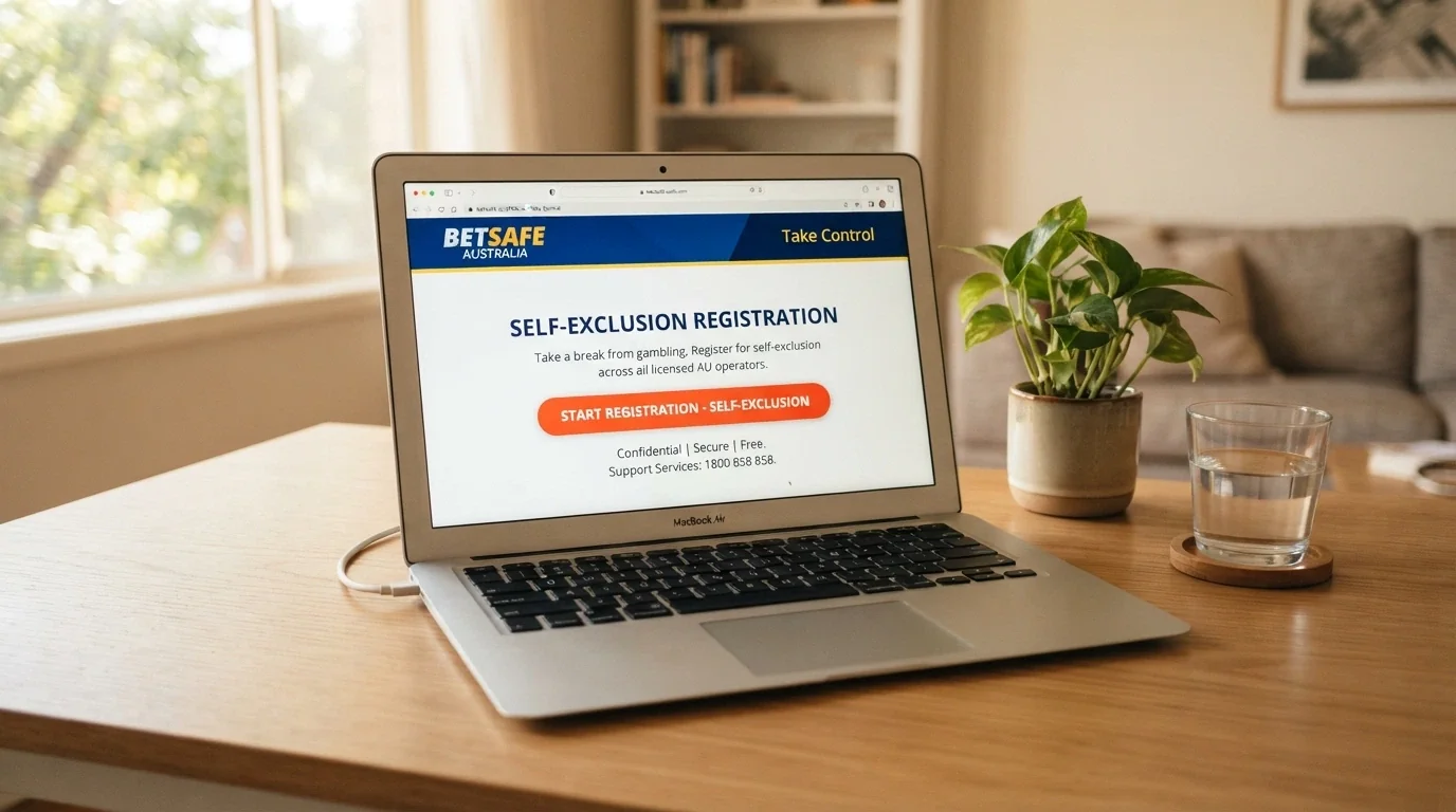 A laptop screen showing the BetStop National Self-Exclusion Register homepage with the registration button and the words “exclude from all licensed Australian online and phone wagering services” visible