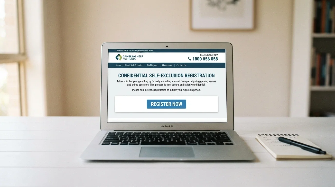 A laptop screen showing the BetStop National Self-Exclusion Register landing page, with the 'Register Now' button prominent and the 1800 858 858 helpline number displayed in the header.