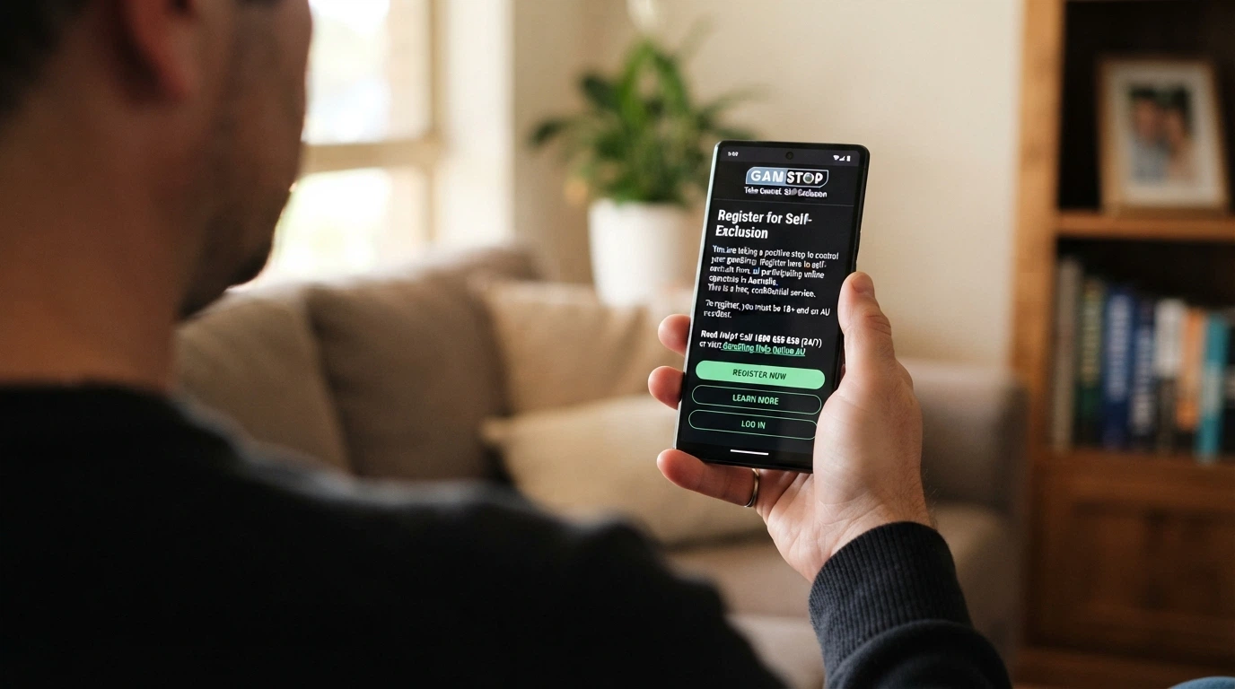 The BetStop National Self-Exclusion Register landing page on a device screen showing the registration prompt, support phone number and key information