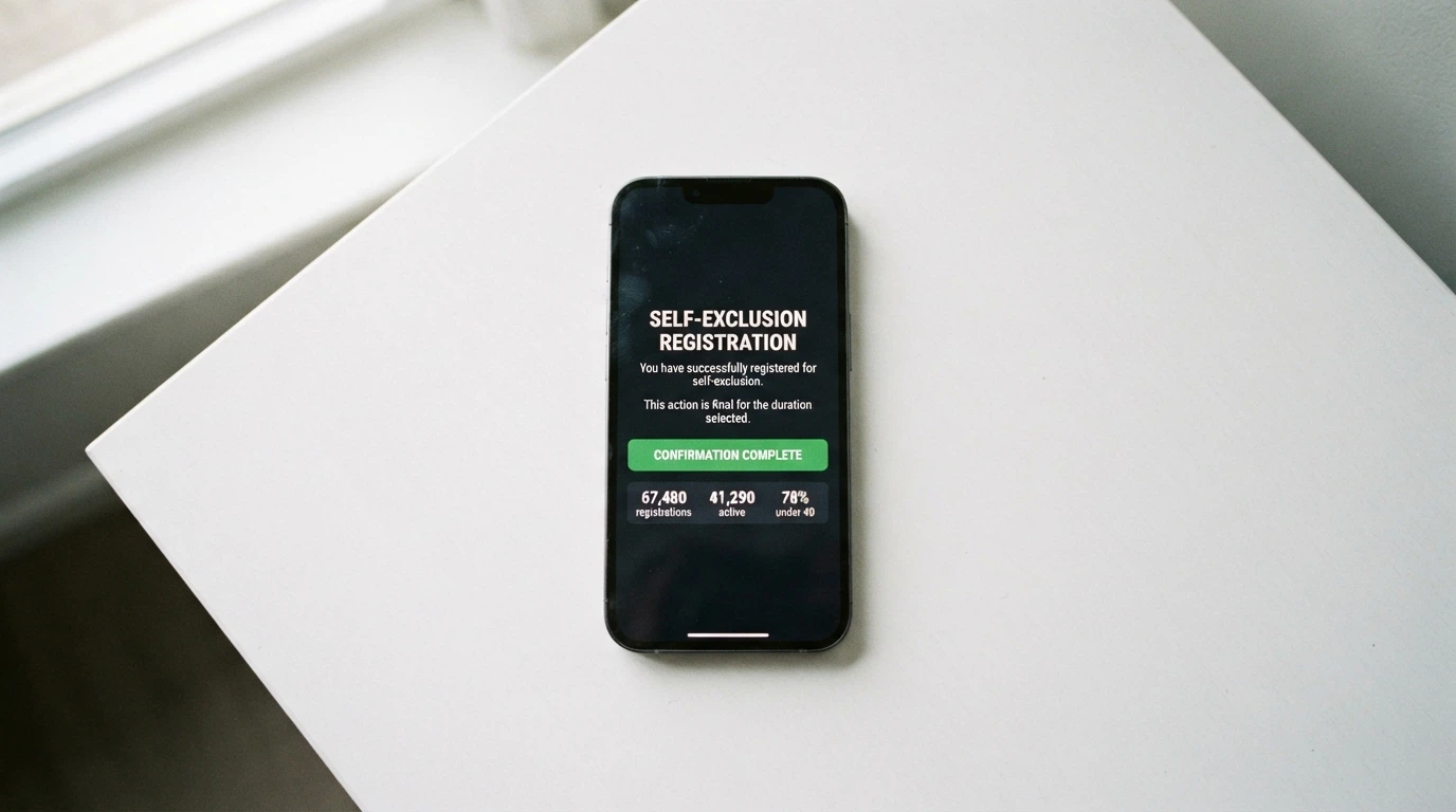 A smartphone screen showing the BetStop registration page with key statistics overlaid: 67,480 registrations, 41,290 active, 78% under 40