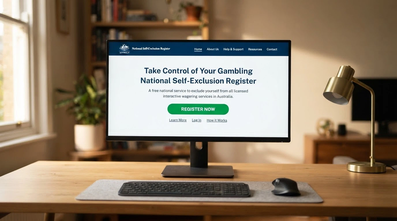 A clean desktop view of the BetStop.gov.au landing page with the National Self-Exclusion Register heading and a prominent Register button