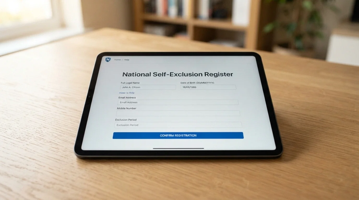 The BetStop website homepage showing the self-exclusion registration form and the words National Self-Exclusion Register