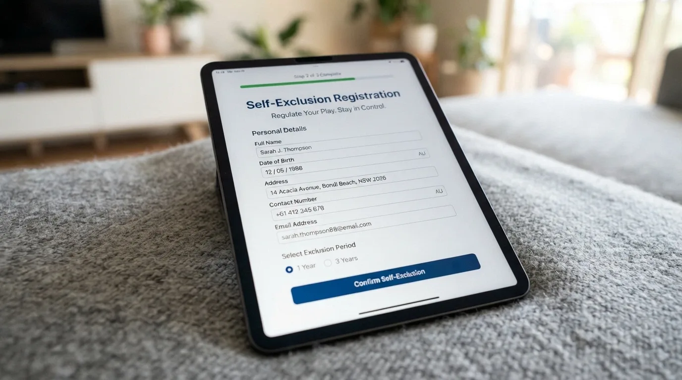 A BetStop registration screen open on an iPad, with the self-exclusion form partially filled