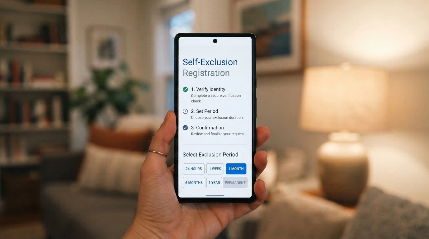 The BetStop National Self-Exclusion Register landing page on a smartphone, showing the three-step registration process and the exclusion-period options