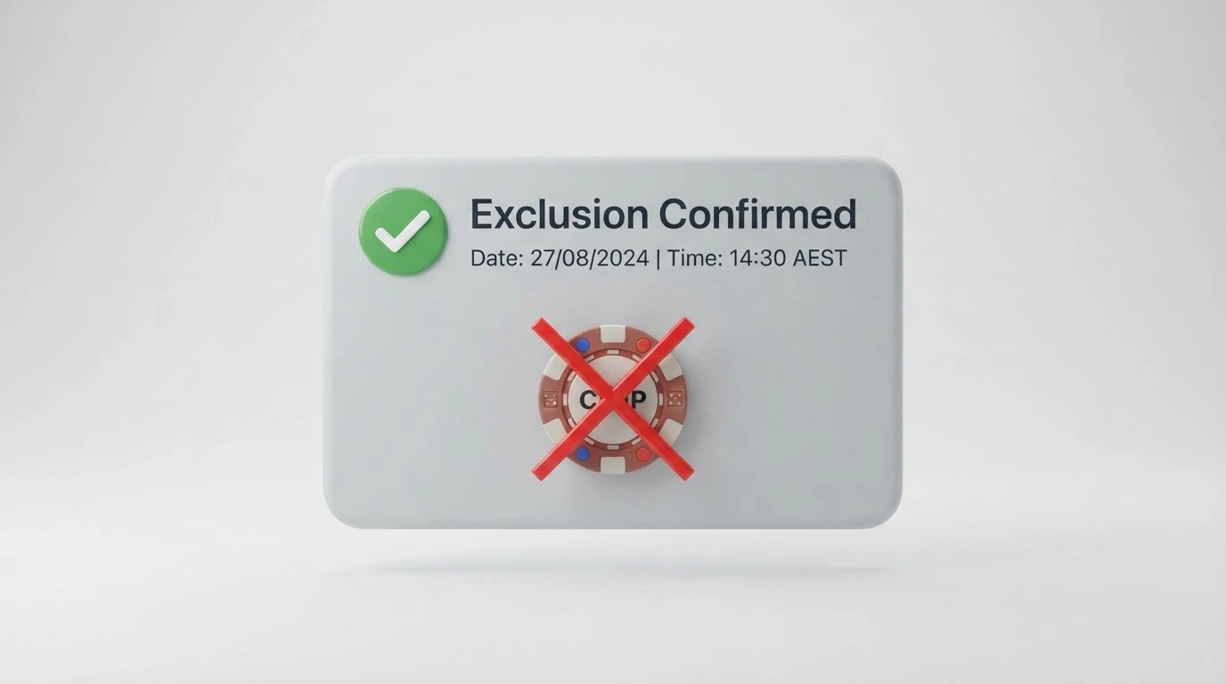 A stylised dashboard screen showing a self-exclusion registration confirmed, with a cross through an offshore casino logo beneath it