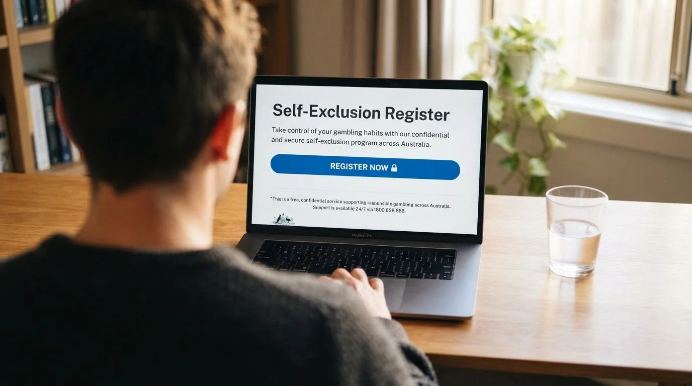 The BetStop National Self-Exclusion Register landing page displayed on a laptop screen