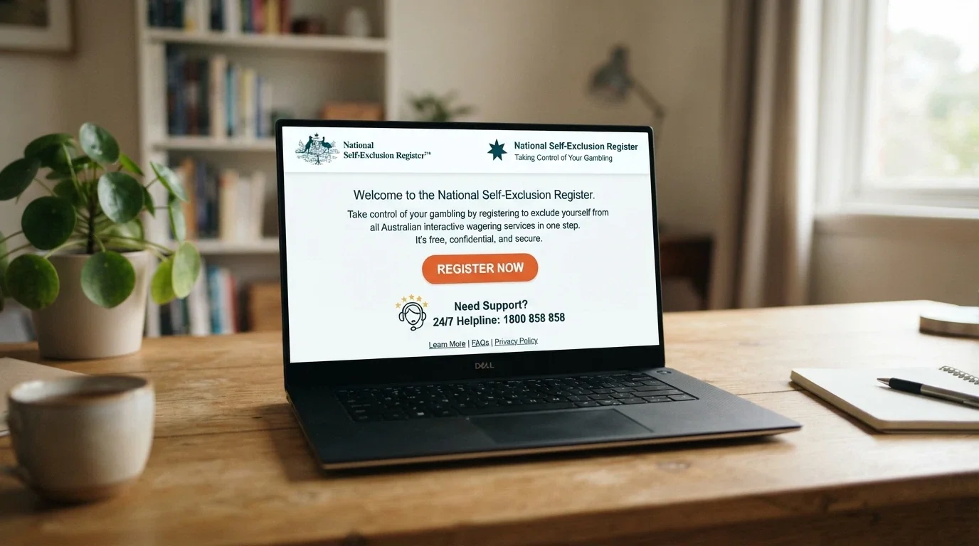 The BetStop.gov.au homepage on a laptop screen, with the Register Now button visible and the National Gambling Helpline number displayed